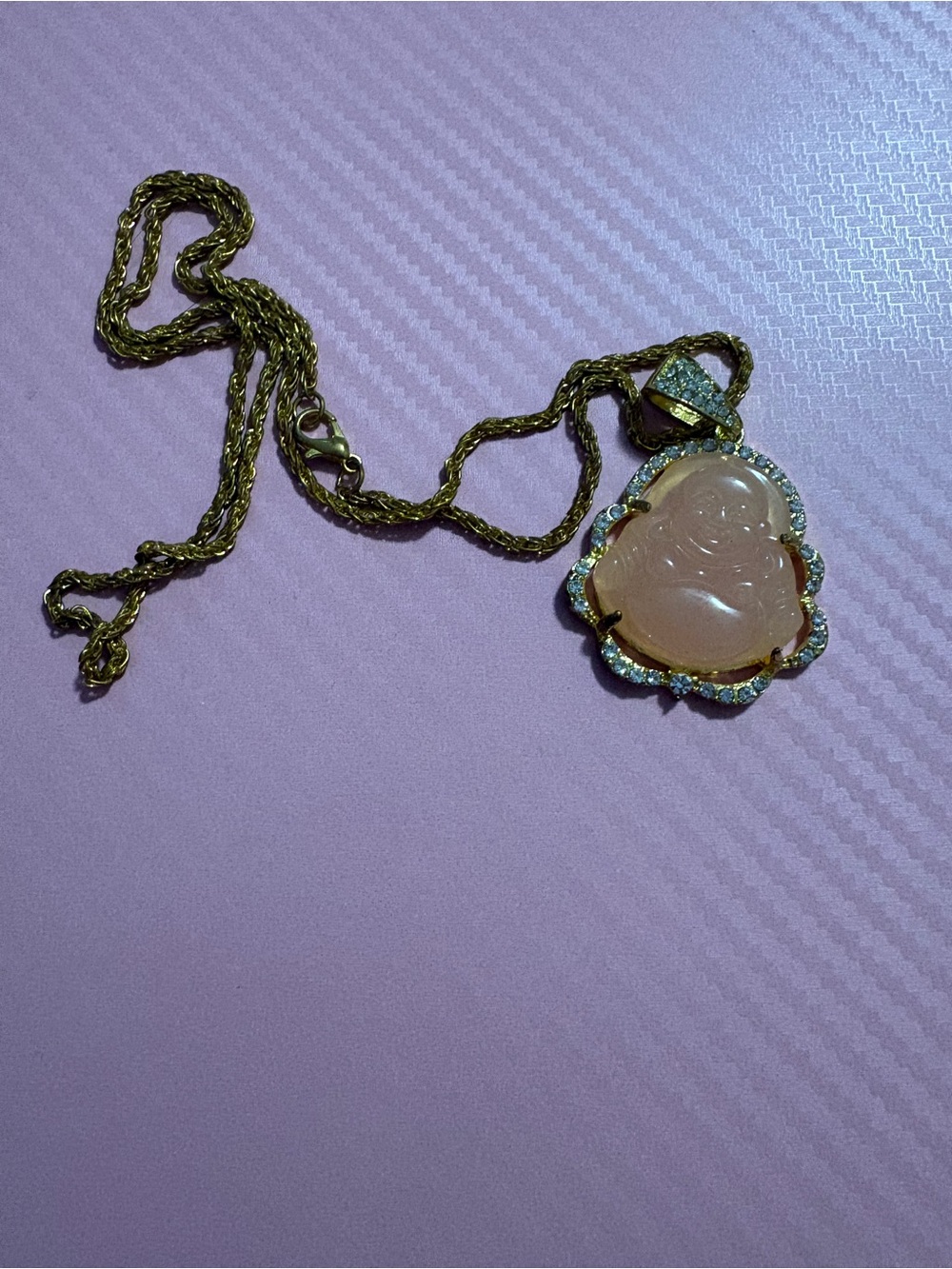Gold-Tone Necklace with Pink Jade Buddha Pendant and Crystal Accent